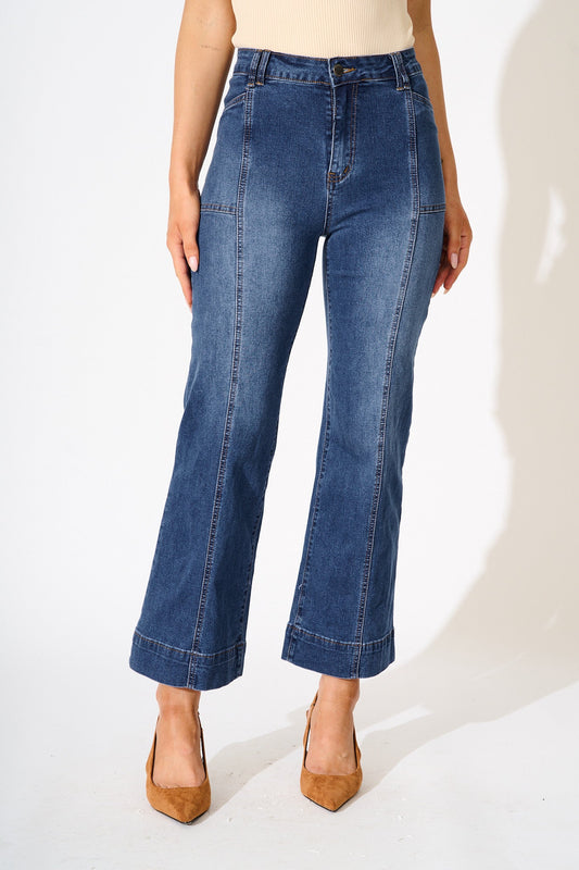 Leonie High Rise Straight Leg Jean in Mid Blue Denim