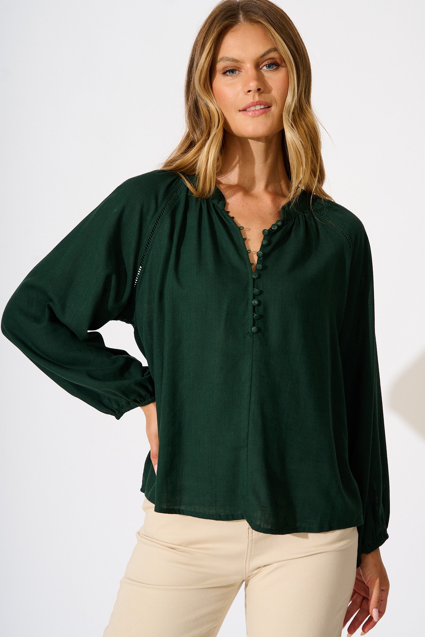 Soft Spoken Top in Emerald Linen Blend
