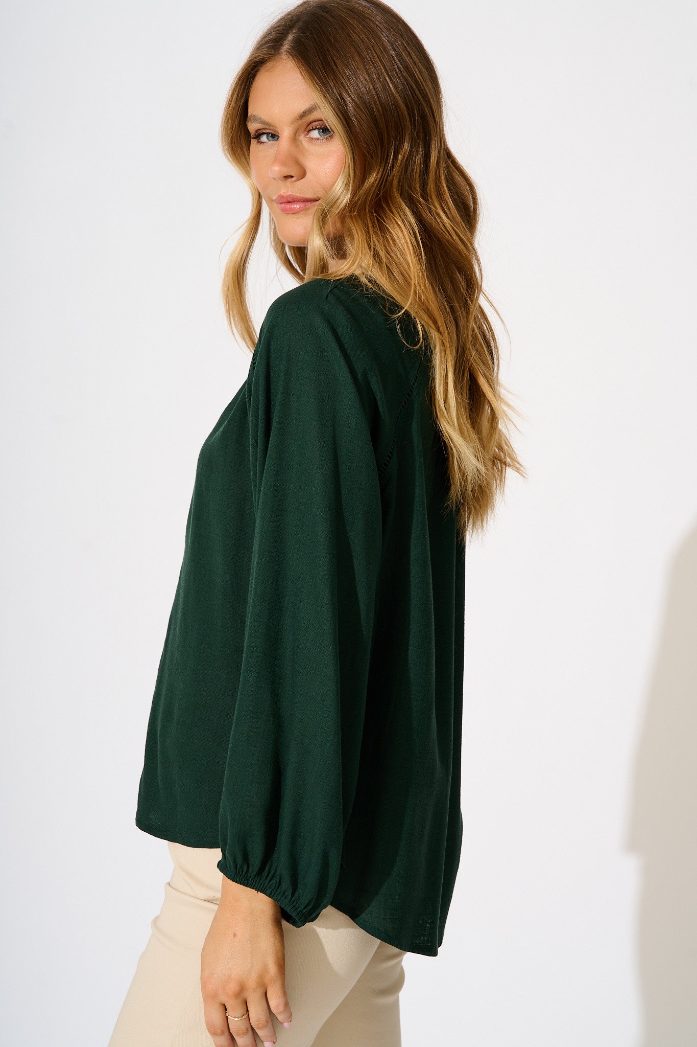 Soft Spoken Top in Emerald Linen Blend