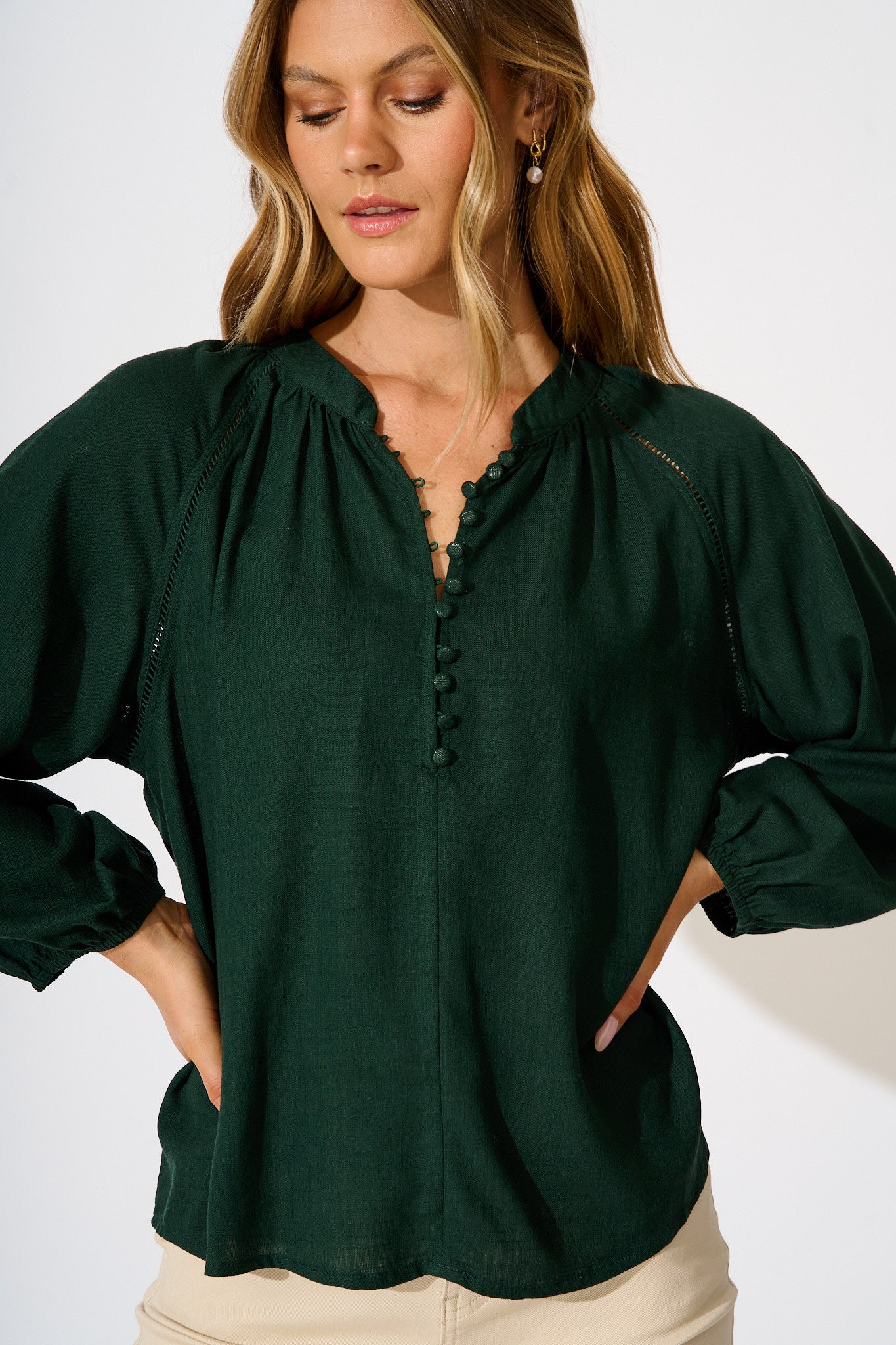 Soft Spoken Top in Emerald Linen Blend