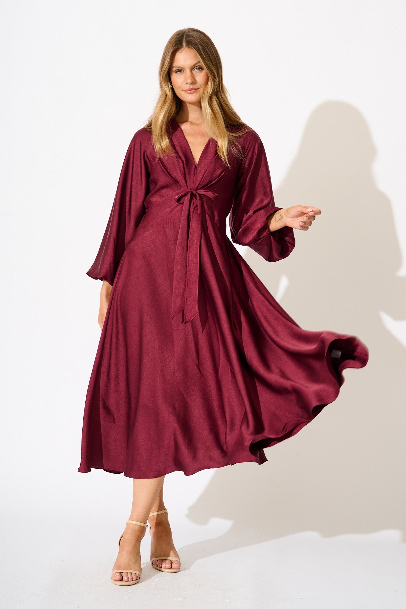 Veiled Illusion Maxi Dress in Wine Satin