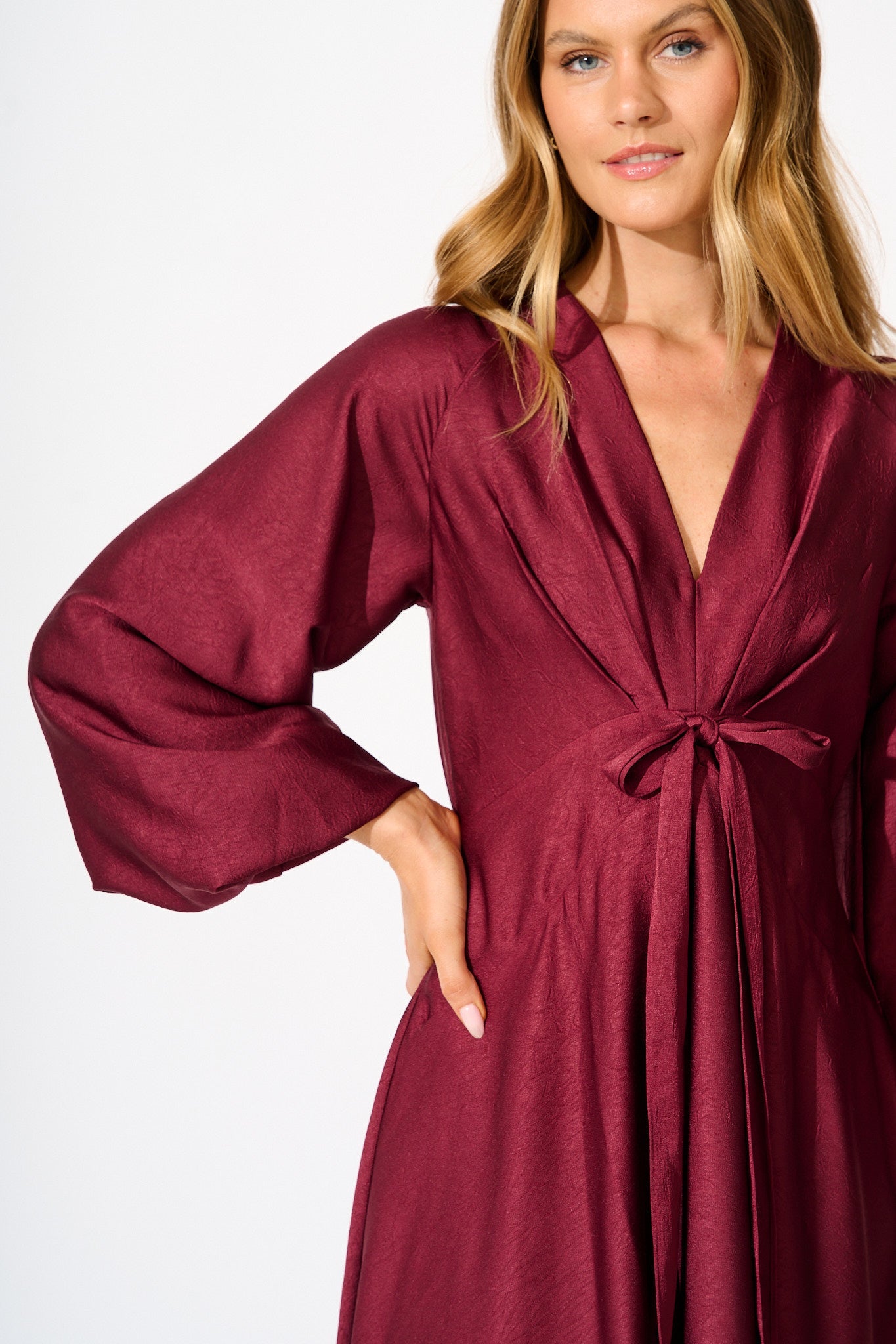 Veiled Illusion Maxi Dress in Wine Satin