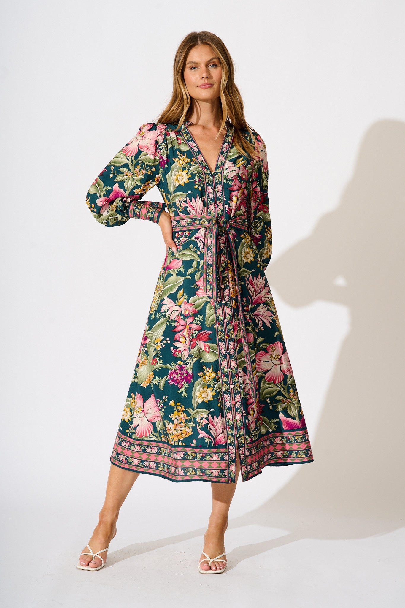 Evelina Midi Dress in Green with Multi Floral
