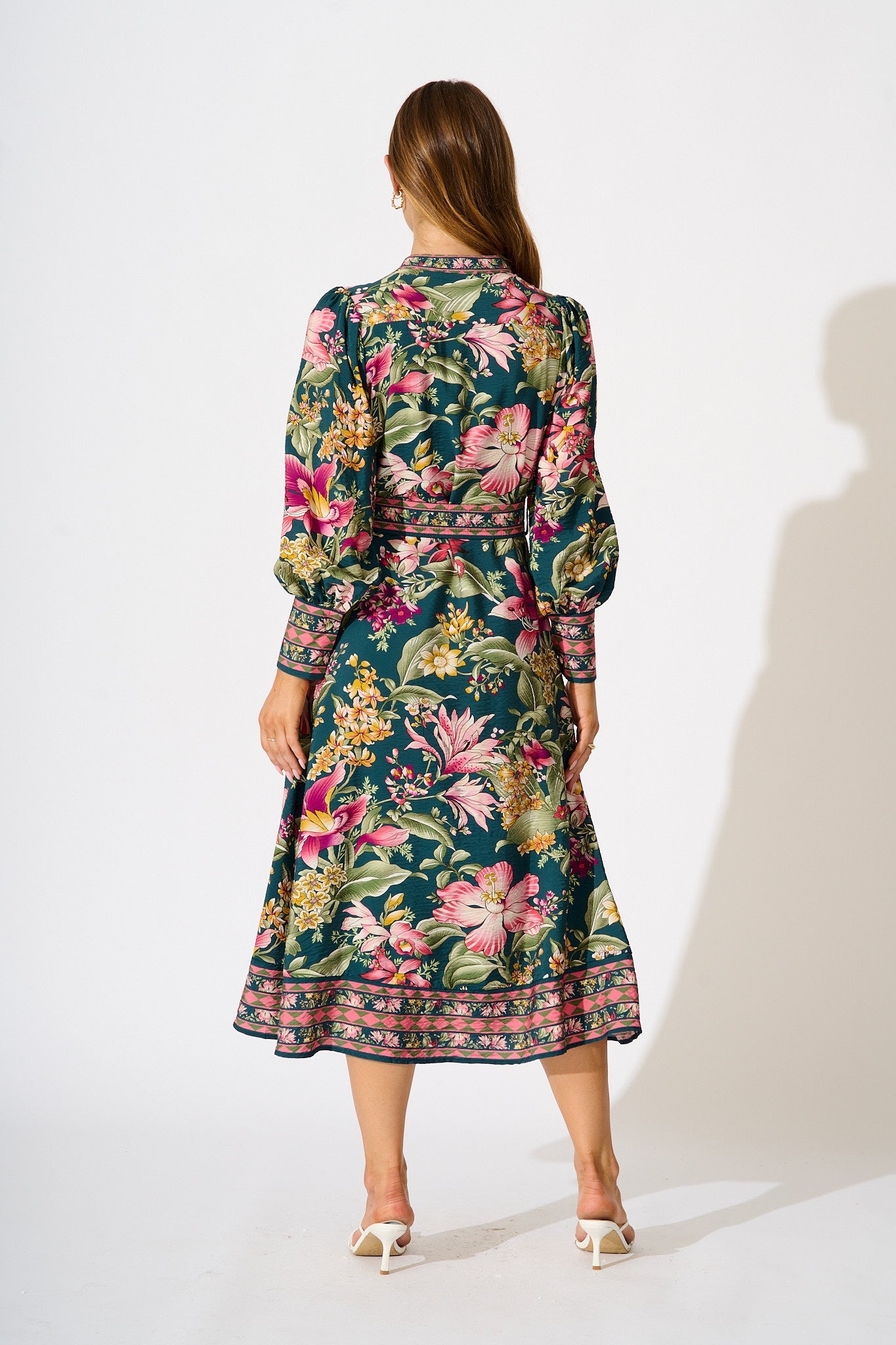 Evelina Midi Dress in Green with Multi Floral