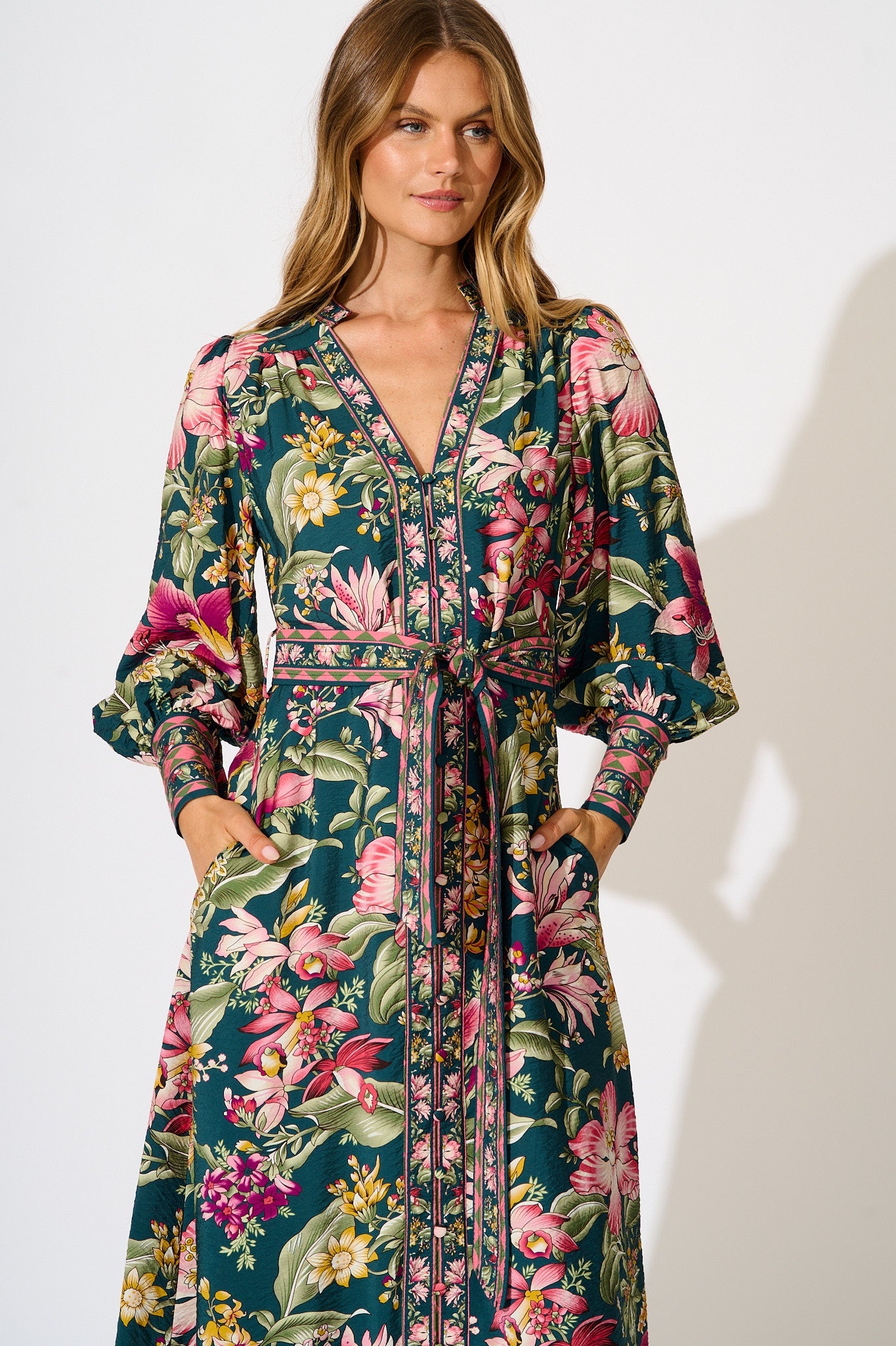 Evelina Midi Dress in Green with Multi Floral