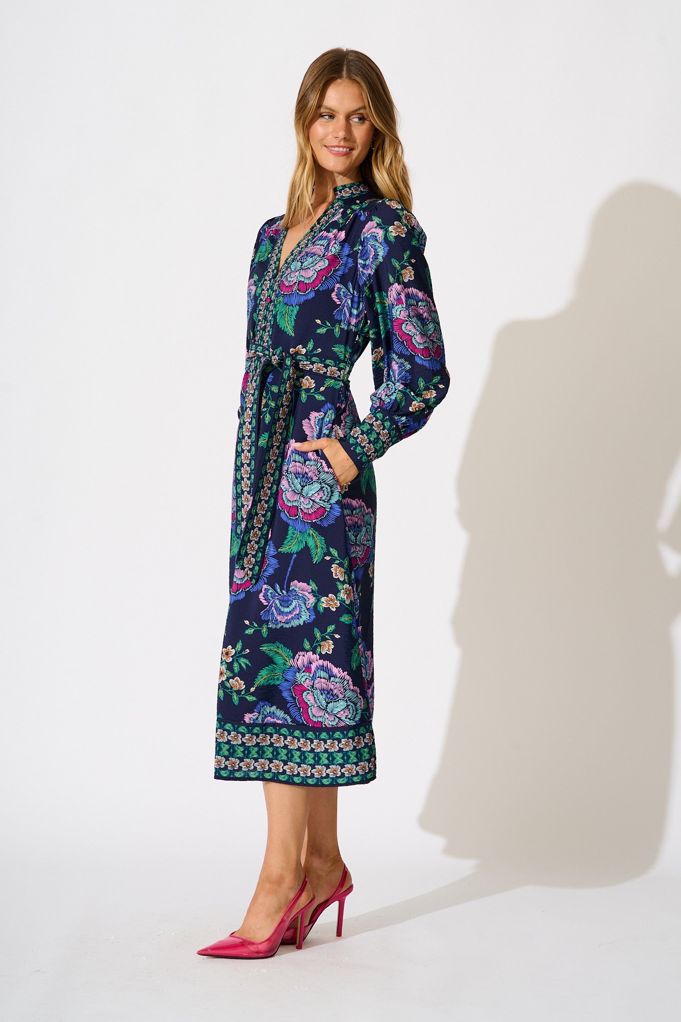 Evelina Midi Dress in Navy with Multi Floral