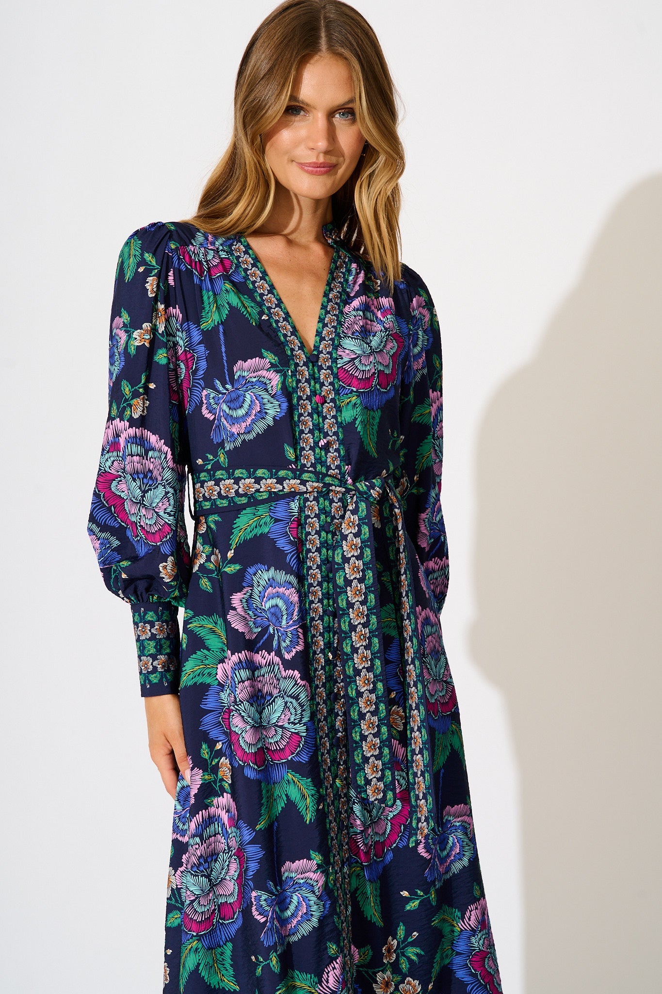 Evelina Midi Dress in Navy with Multi Floral