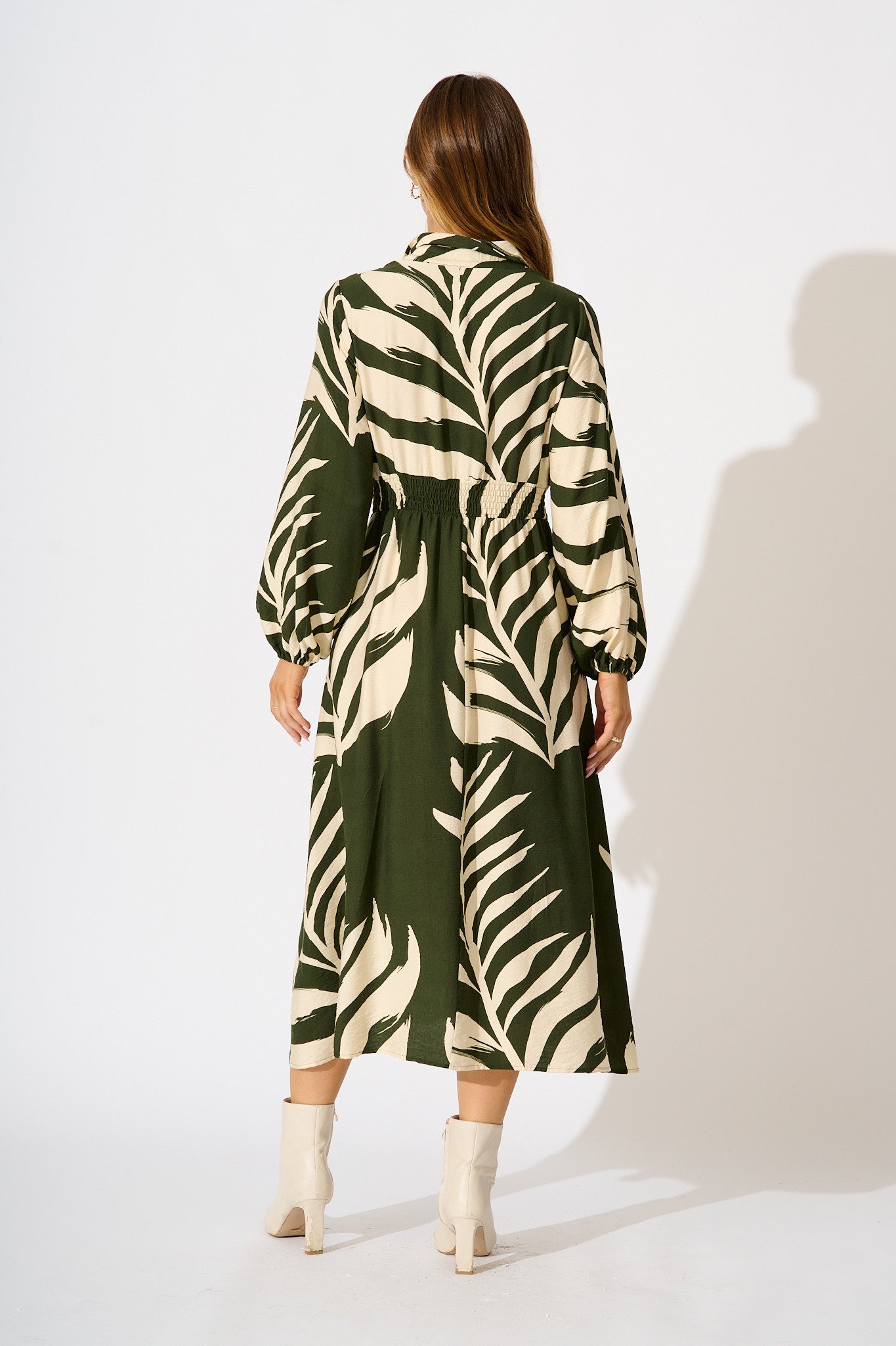 Dreamscape Midi Shirt Dress in Green and Cream Leaf Print
