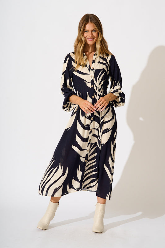 Dreamscape Midi Shirt Dress in Navy and Cream Print