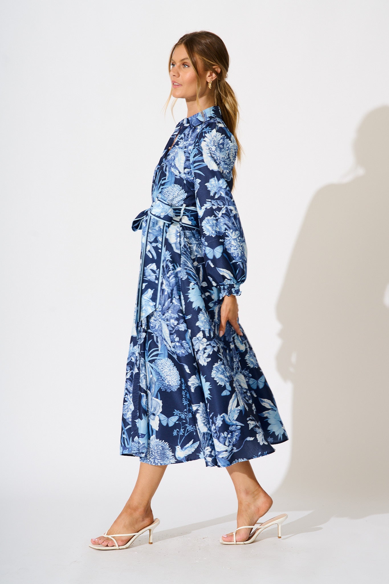 Enchanted Wave Maxi Shirt Dress in Navy with Blue Floral Linen Blend