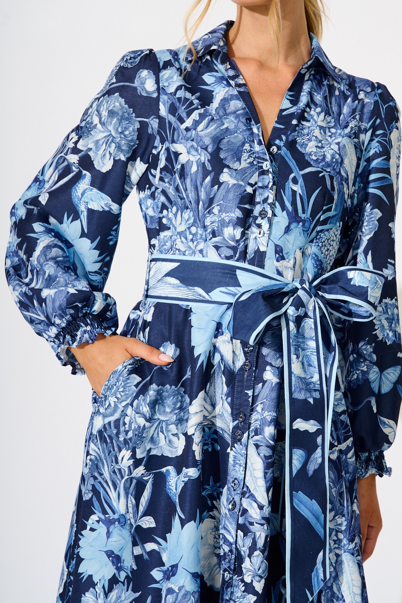 Enchanted Wave Maxi Shirt Dress in Navy with Blue Floral Linen Blend