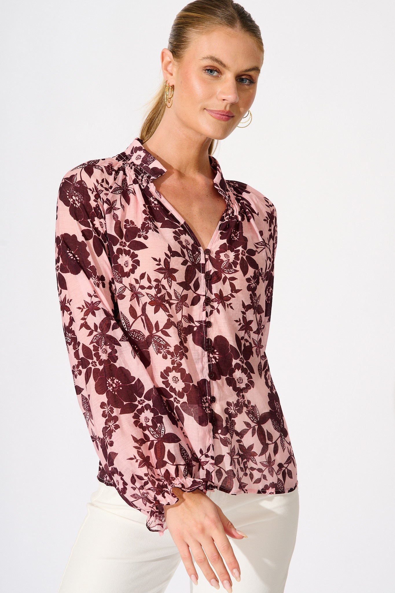 Shelby Top in Pink with Wine Floral Print