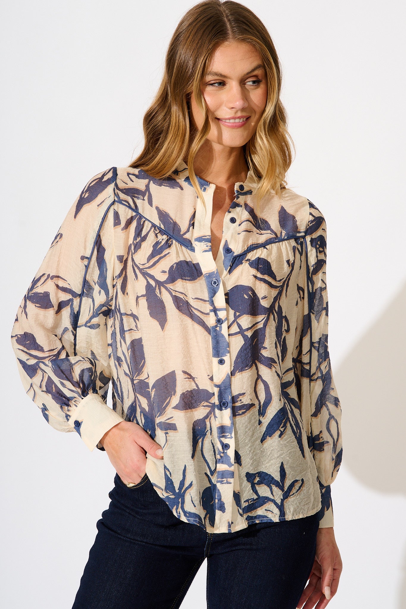 Yulia Top in Cream with Blue Leaf Print