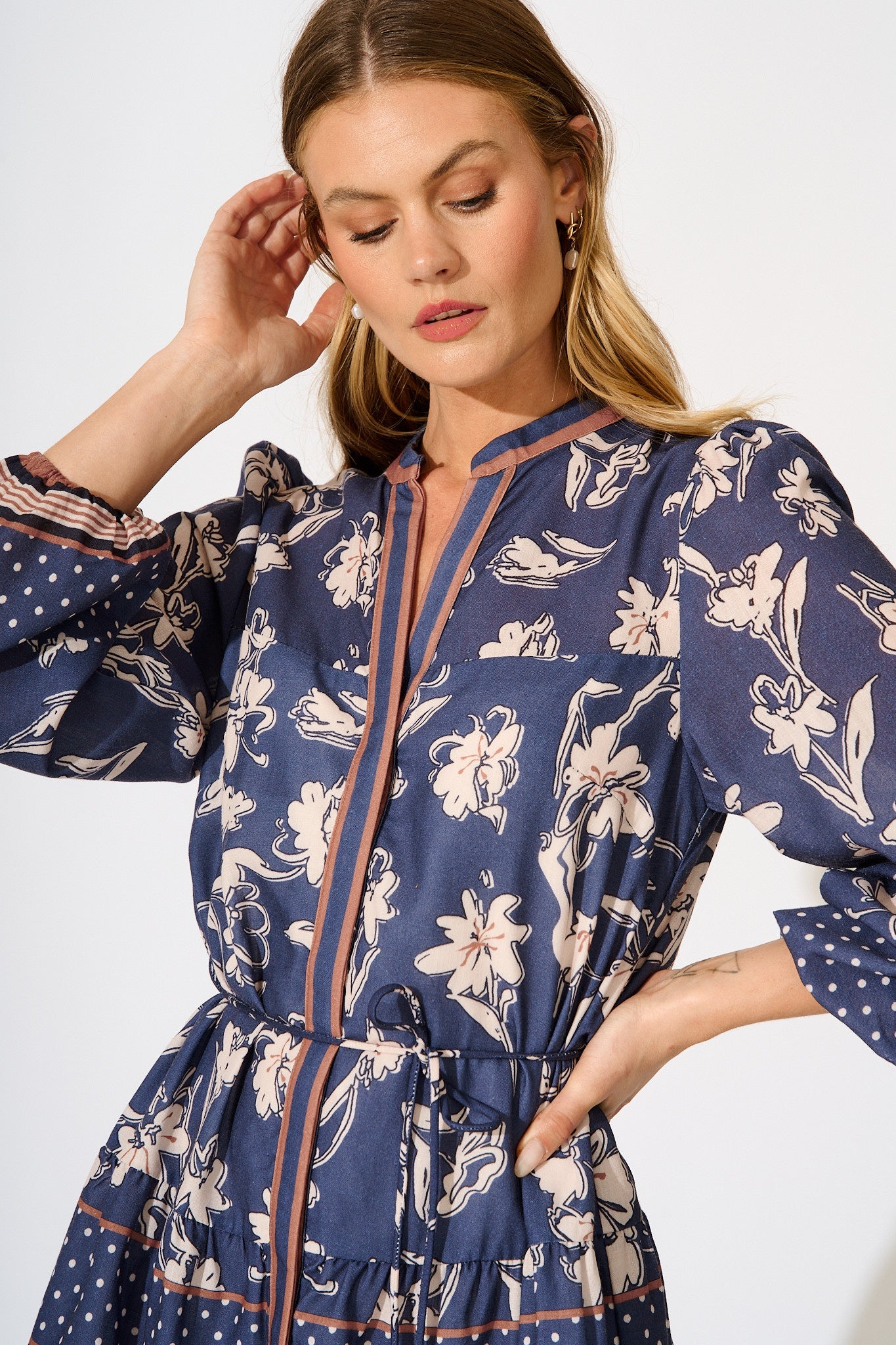 Torie Dress in Navy with Cream Floral Linen Blend
