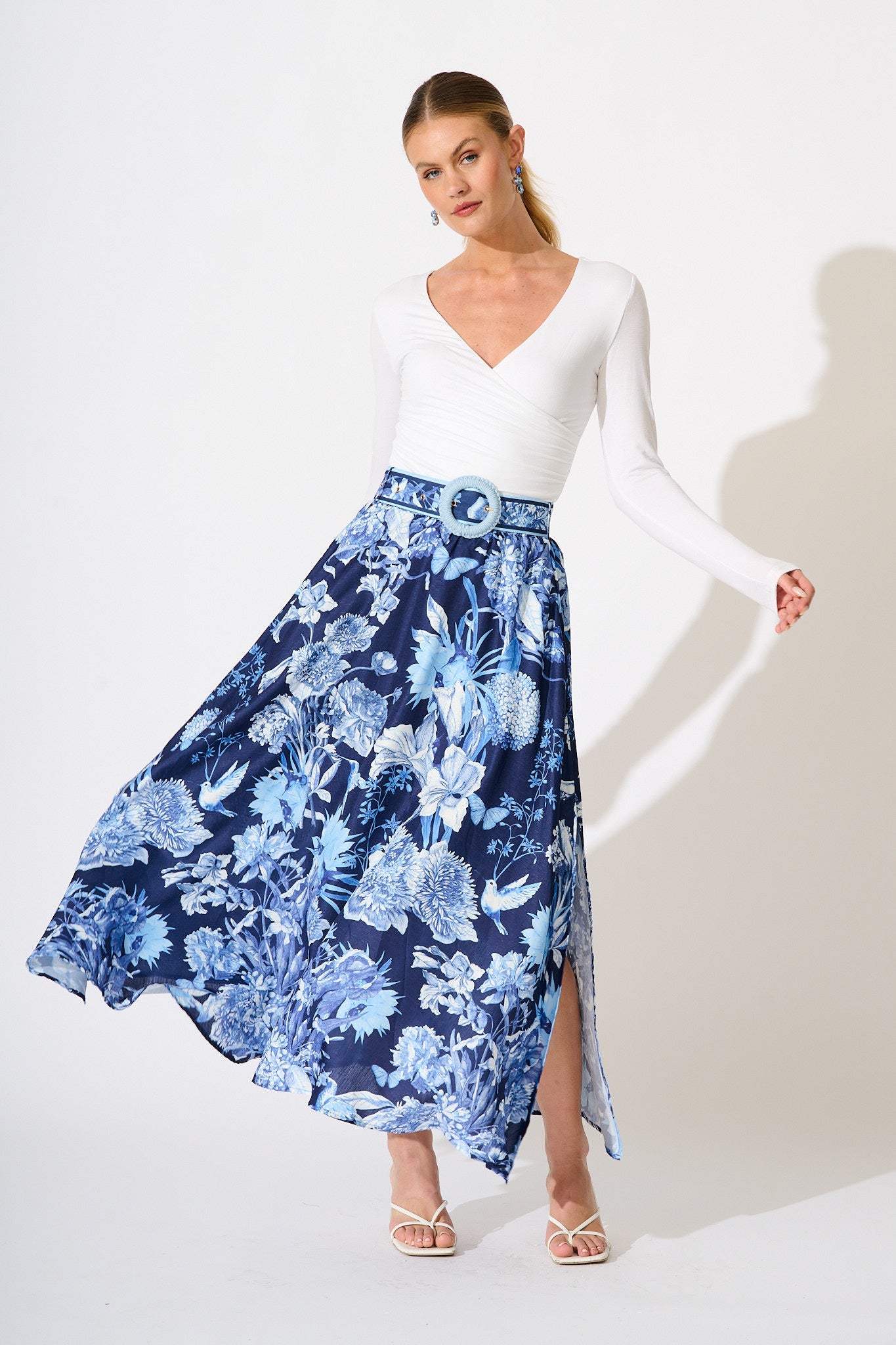Riviera Maxi Skirt in Navy with Blue Floral Linen Blend
