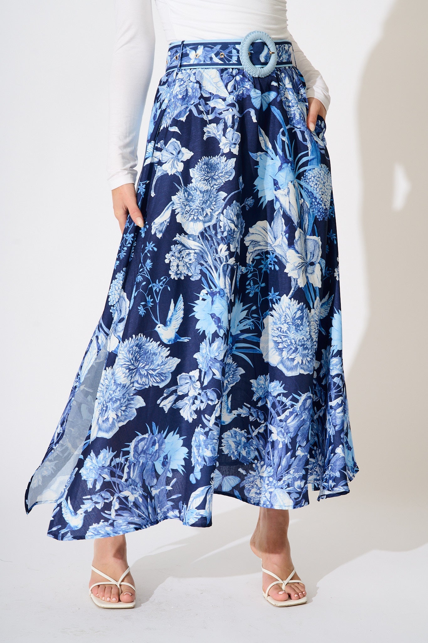 Riviera Maxi Skirt in Navy with Blue Floral Linen Blend