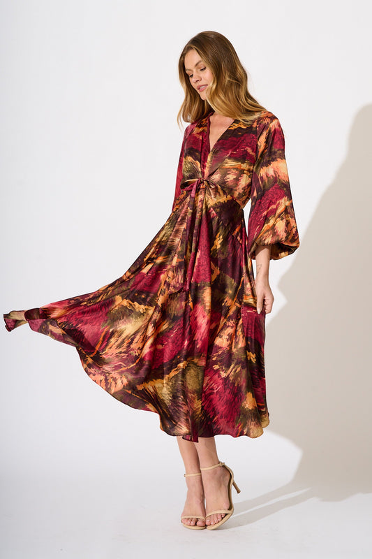 Veiled Illusion Maxi Dress in Multi Watercolour Satin