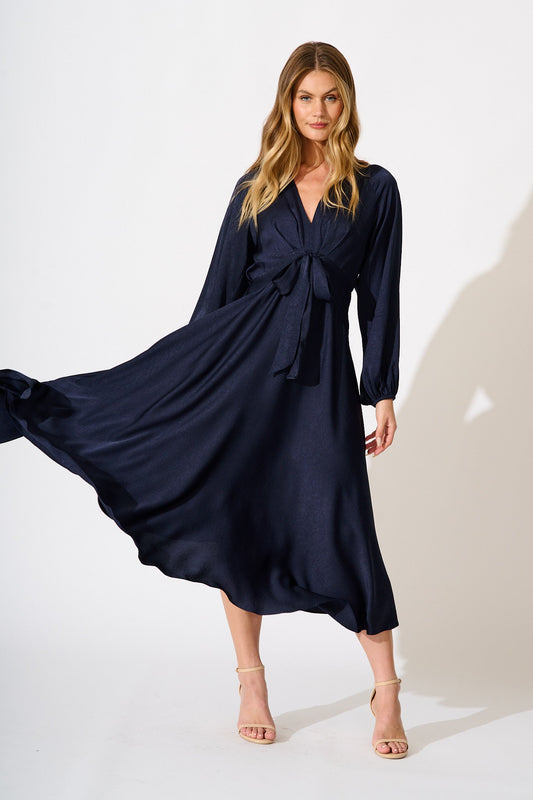 Veiled Illusion Maxi Dress in Navy Satin