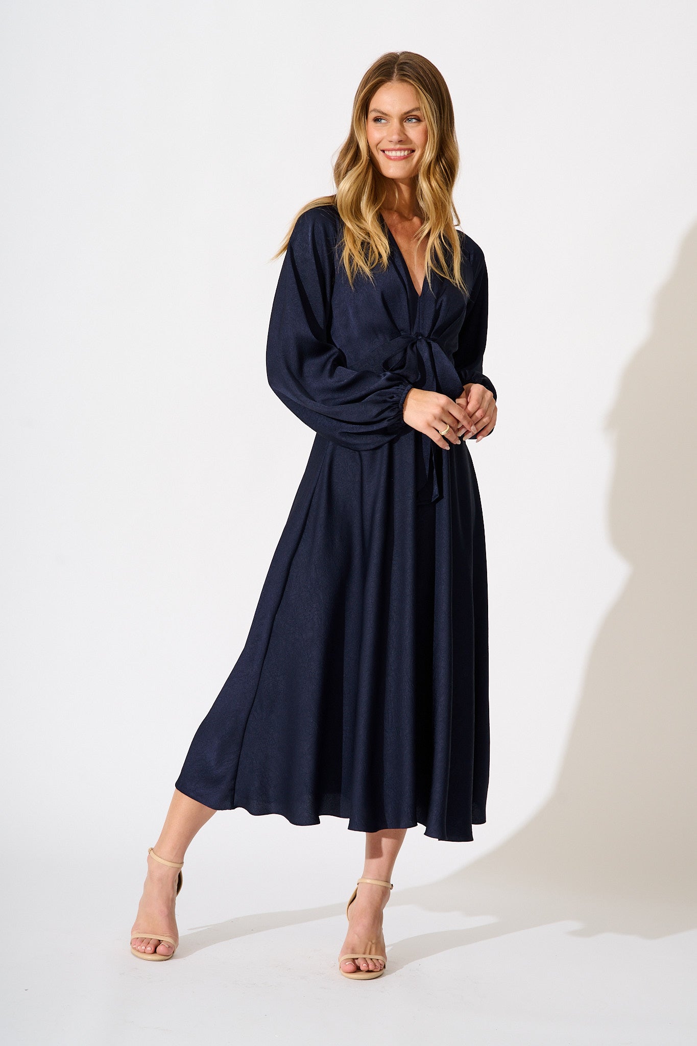 Veiled Illusion Maxi Dress in Navy Satin