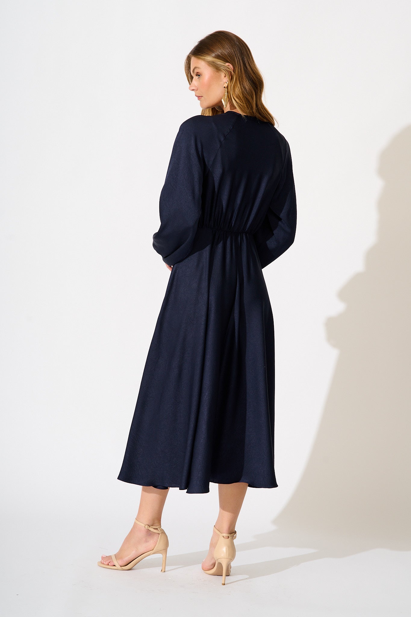 Veiled Illusion Maxi Dress in Navy Satin