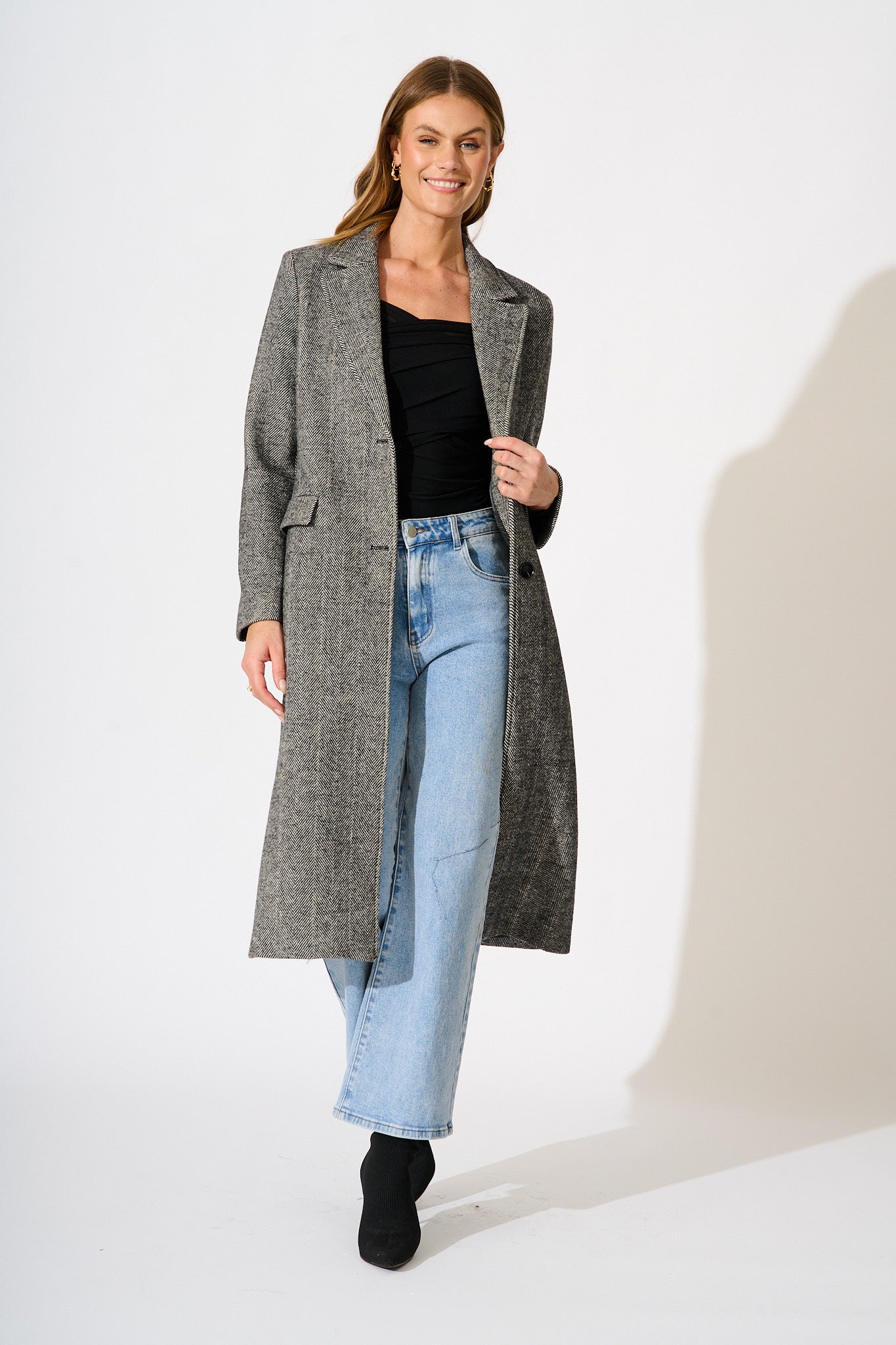 Worth The Wait Coat in Black and White Herringbone