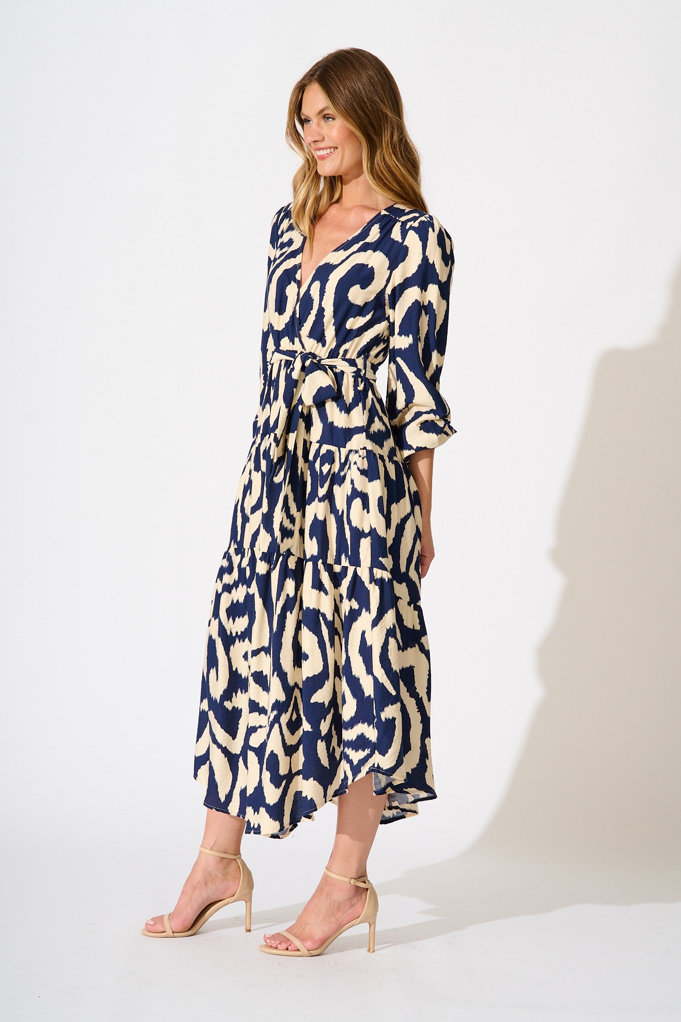 Lydia Midi Dress in Navy Cream Swirl Print