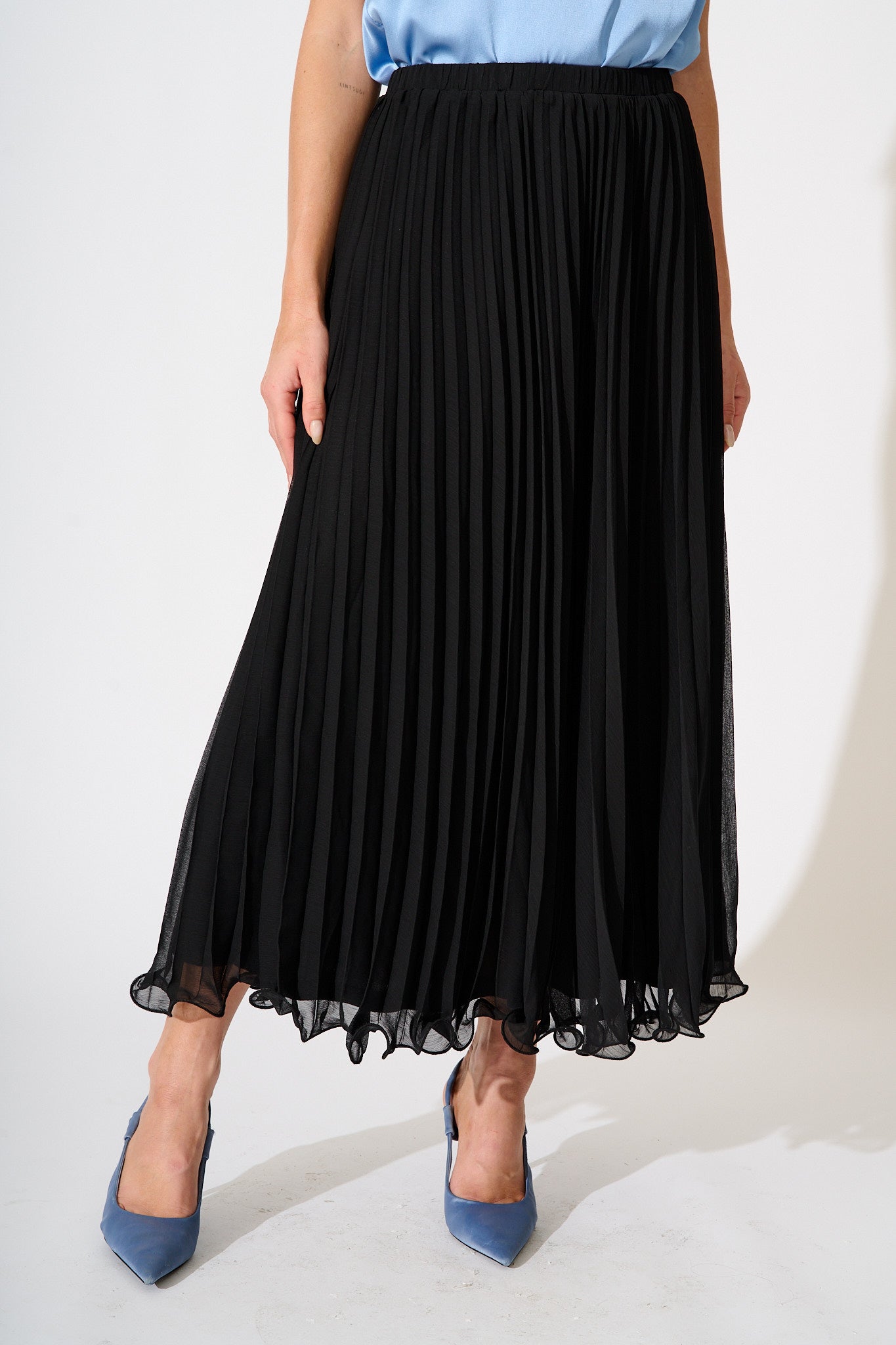Magnolia Maxi Pleat Skirt in Black Chiffon