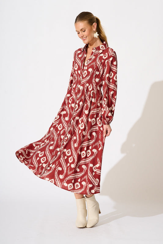 Terri Midi Shirt Dress in Wine with Cream Print