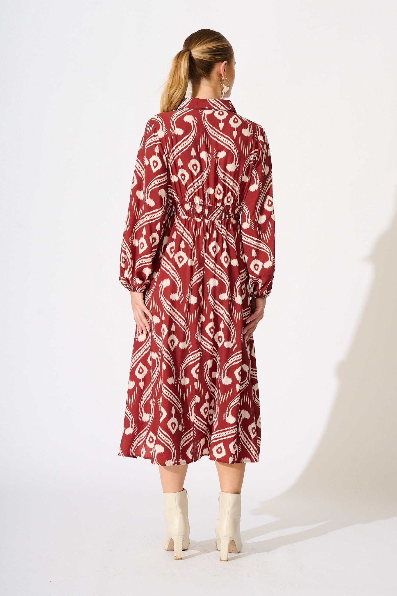 Terri Midi Shirt Dress in Wine with Cream Print