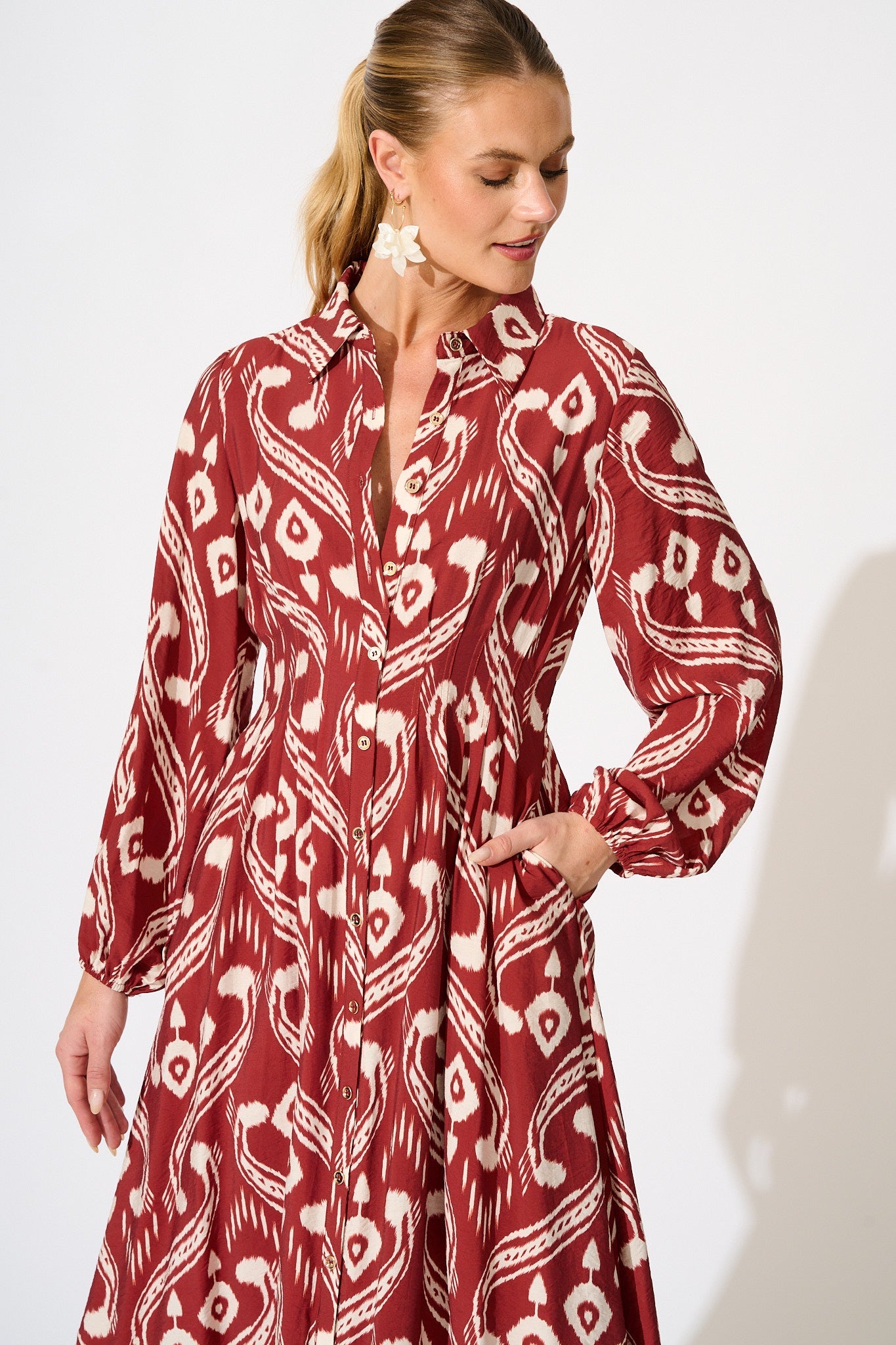 Terri Midi Shirt Dress in Wine with Cream Print