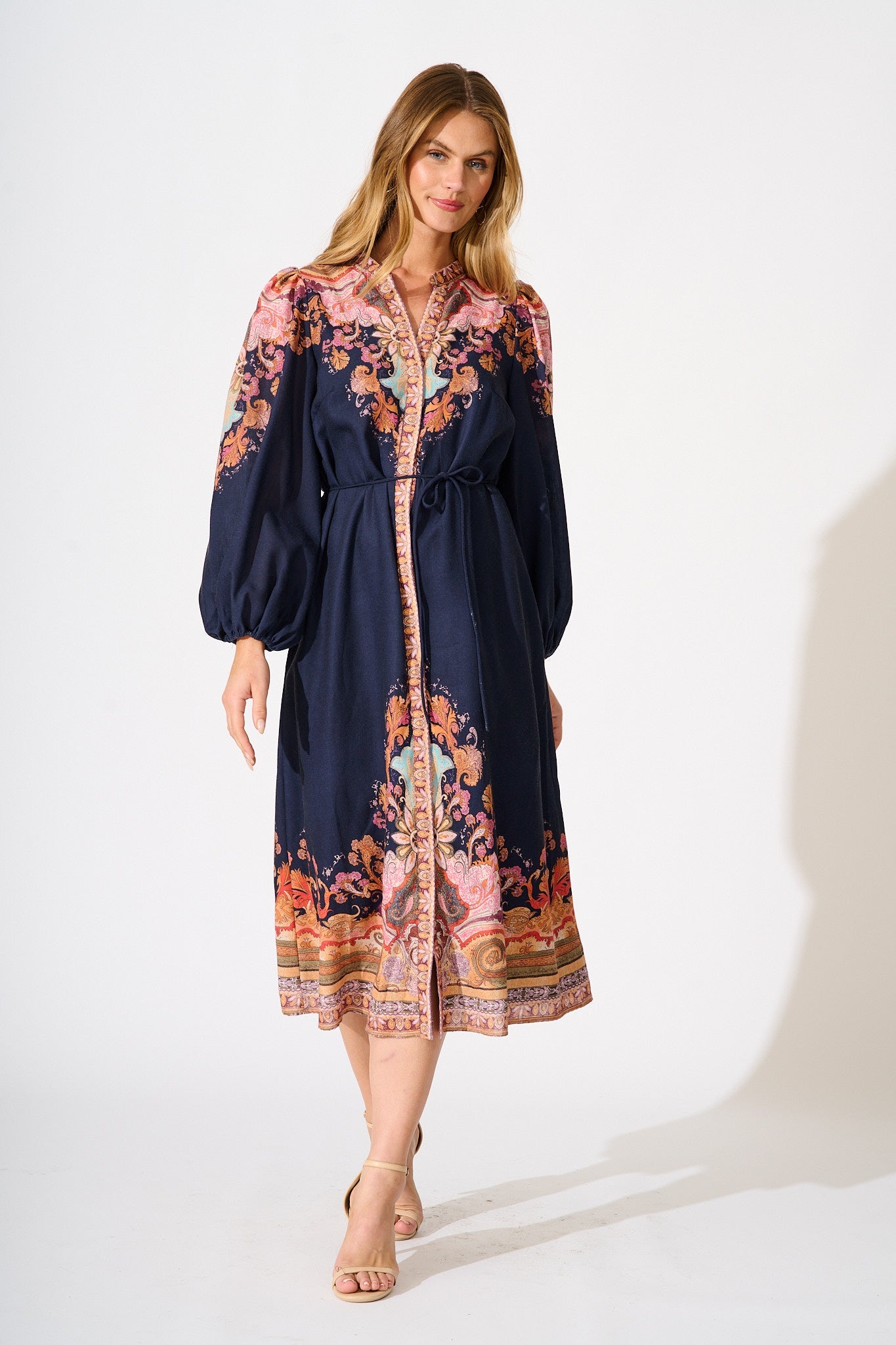 Poppy Midi Dress in Navy with Rust Print Linen Blend