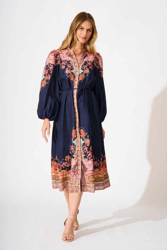 Poppy Midi Dress in Navy with Rust Print Linen Blend