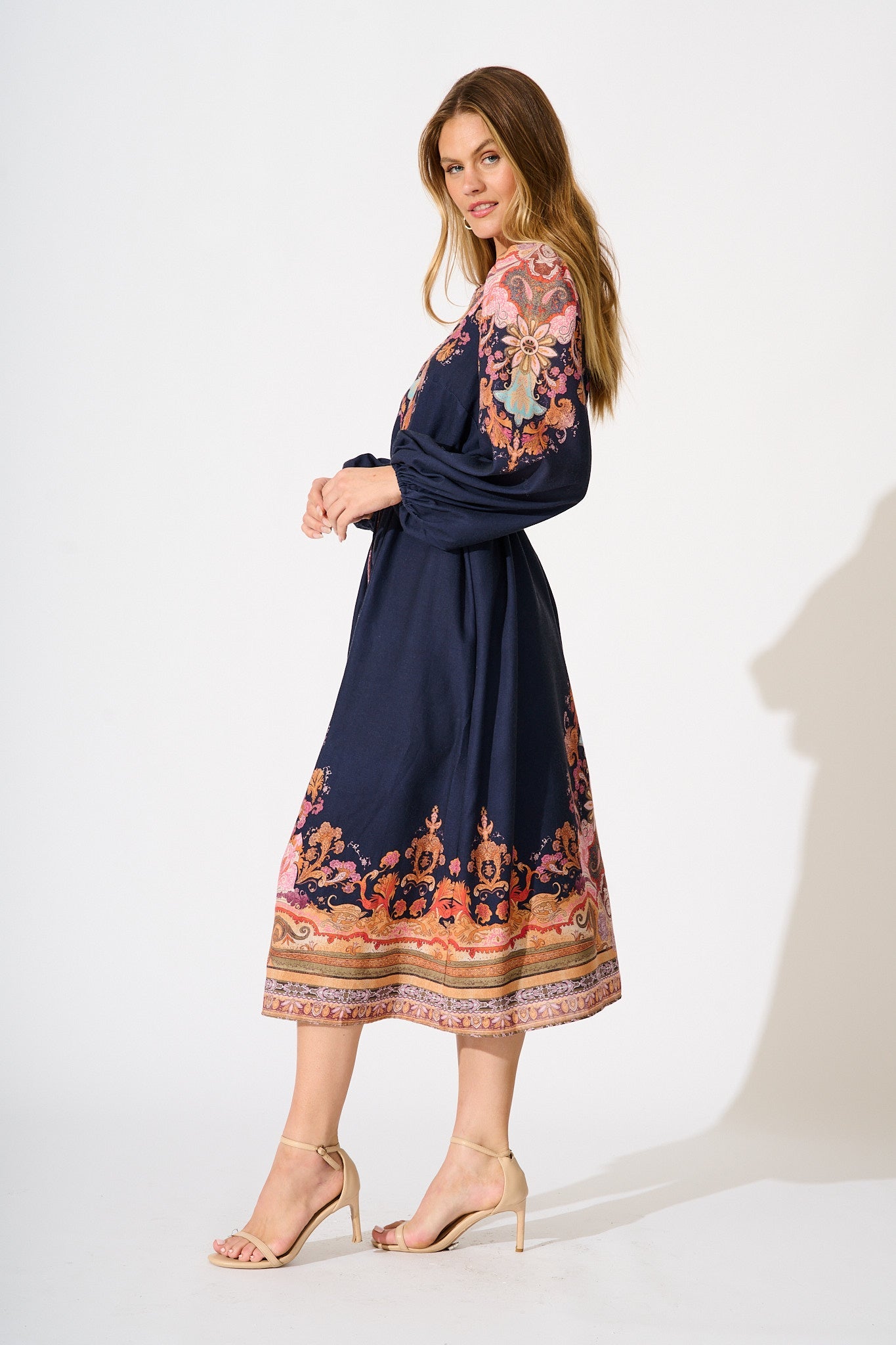 Poppy Midi Dress in Navy with Rust Print Linen Blend