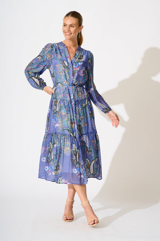 Lottie Midi Dress in Blue Multi Print