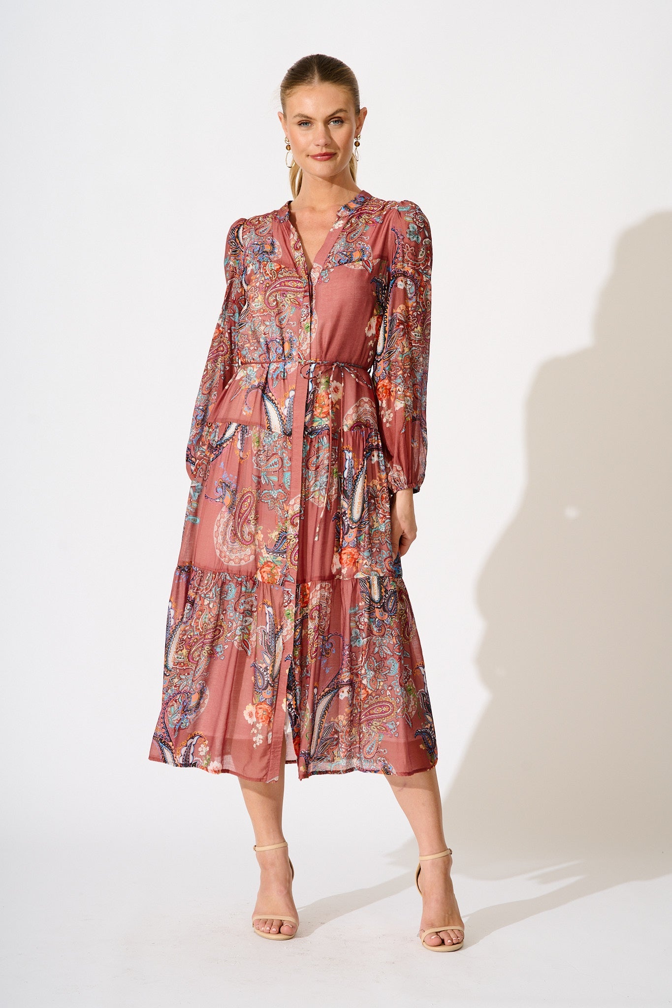 Lottie Midi Dress in Red Print