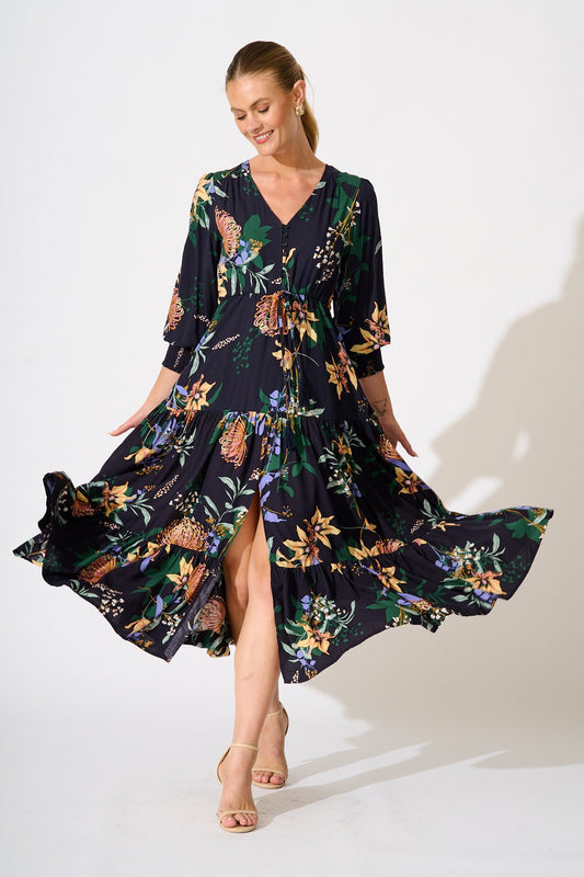 Francis Midi Dress in Navy with Multi Floral
