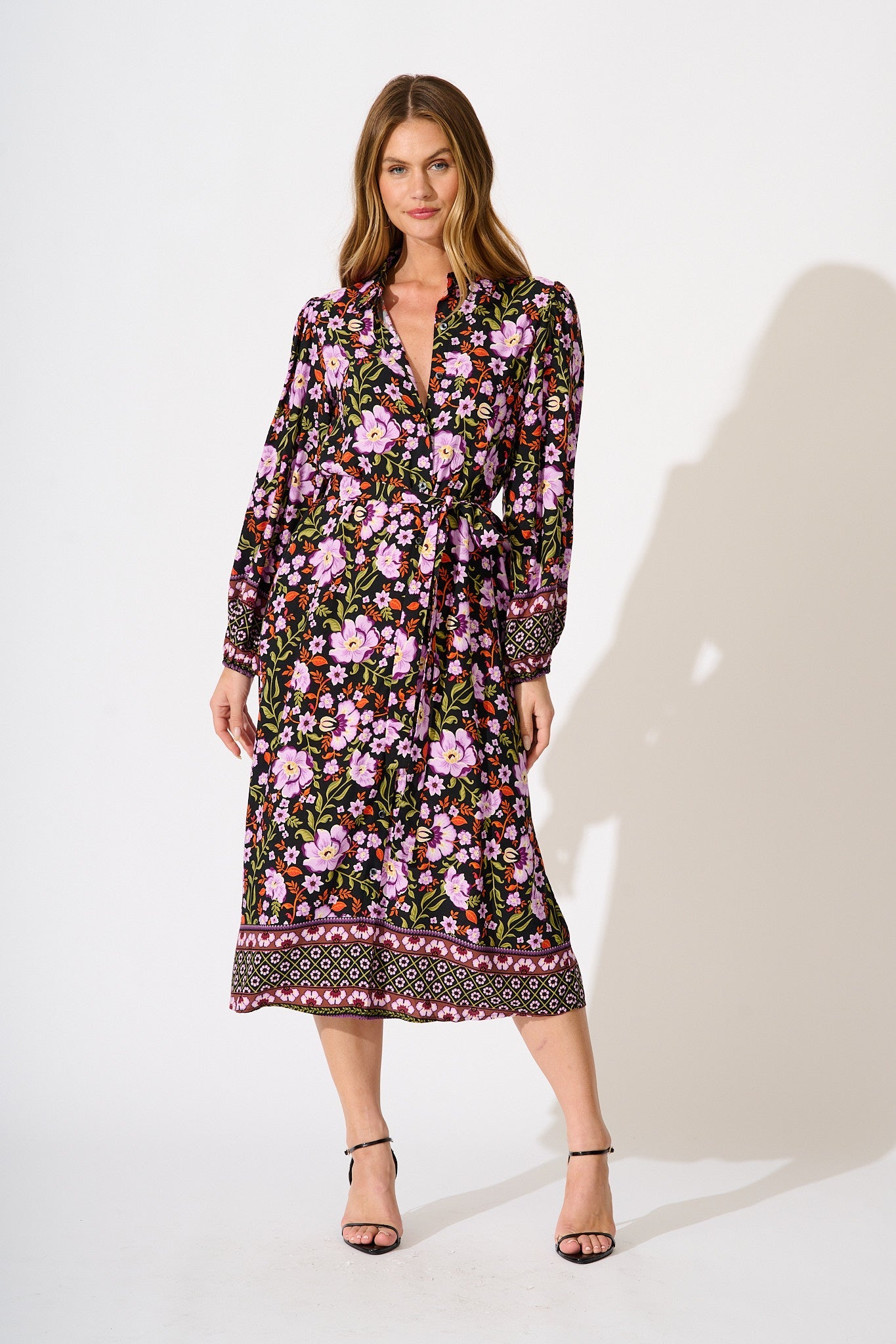 Payton Midi Shirt Dress in Black Multi Floral
