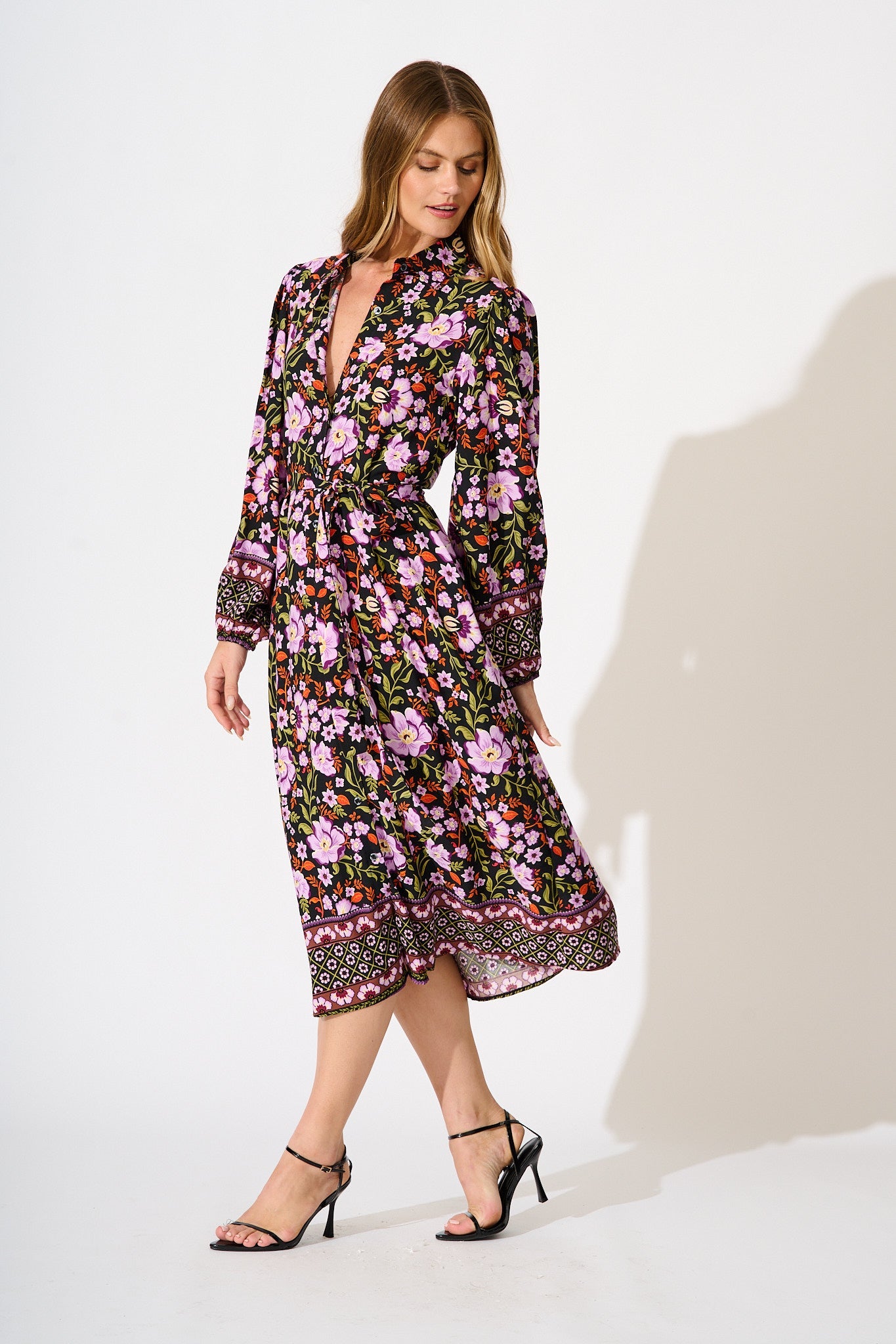 Payton Midi Shirt Dress in Black Multi Floral
