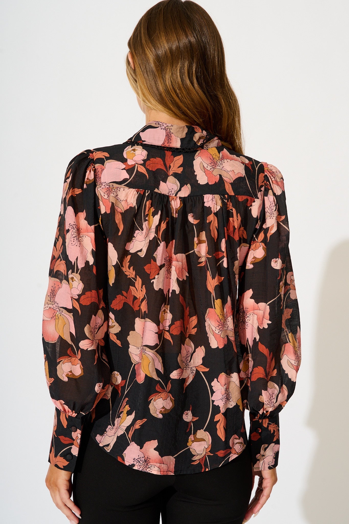 Davies Shirt in Black Floral with Black Lace Trim