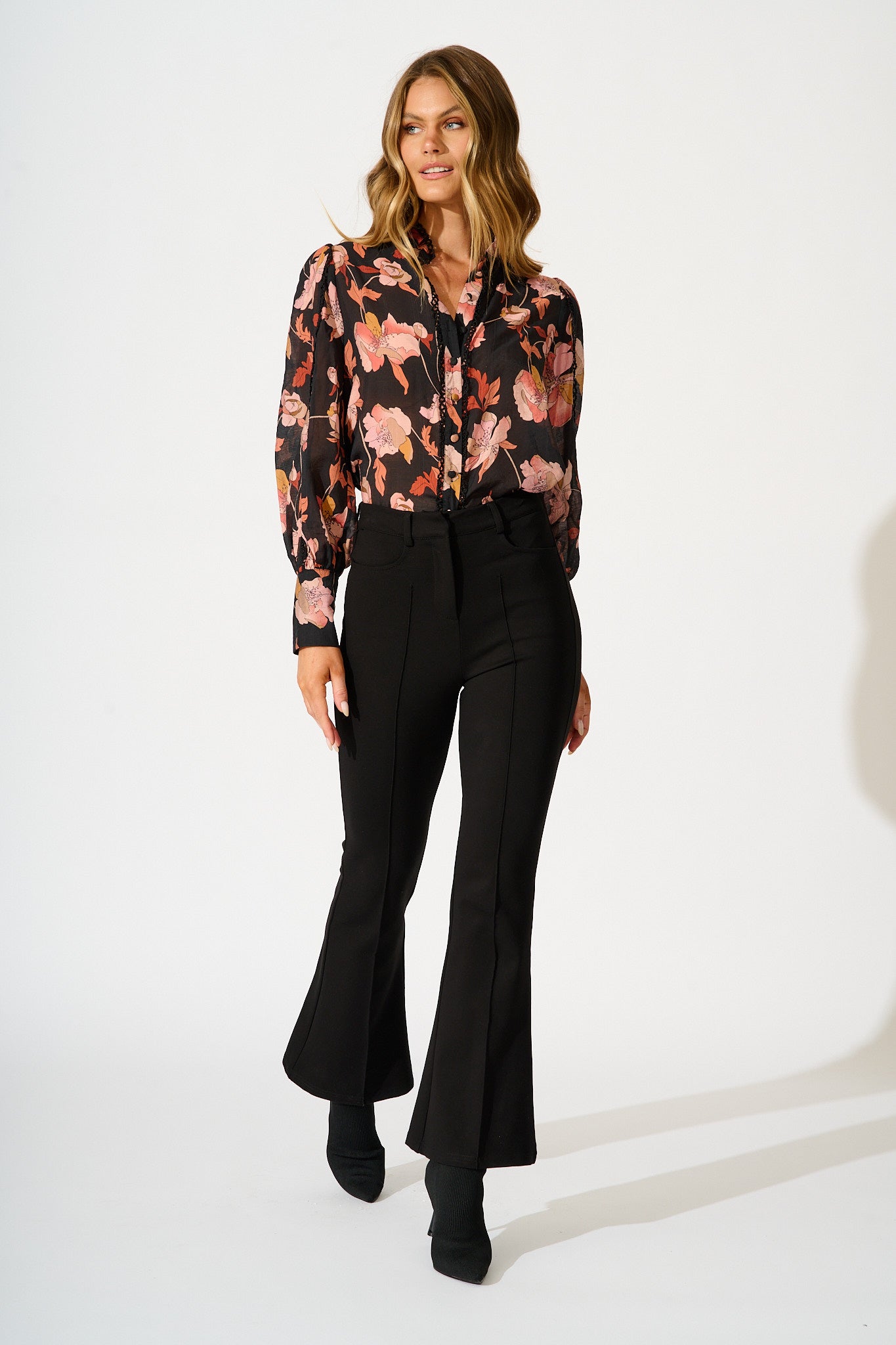 Davies Shirt in Black Floral with Black Lace Trim