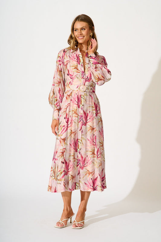 Lira Midi Shirt Dress in Pink Leaf Print