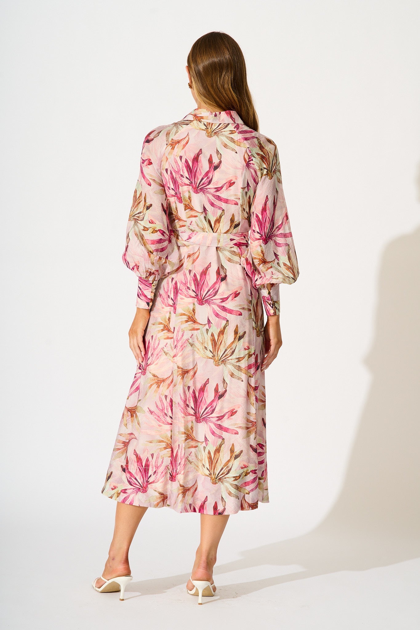 Lira Midi Shirt Dress in Pink Leaf Print