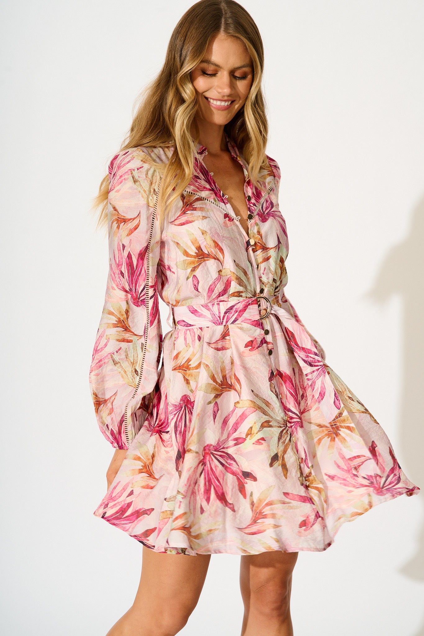 Pria Dress in Pink Leaf Print