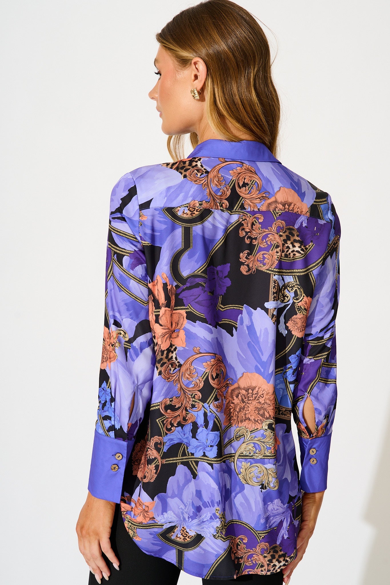 Twilight Peony Shirt in Blue with Multi Satin