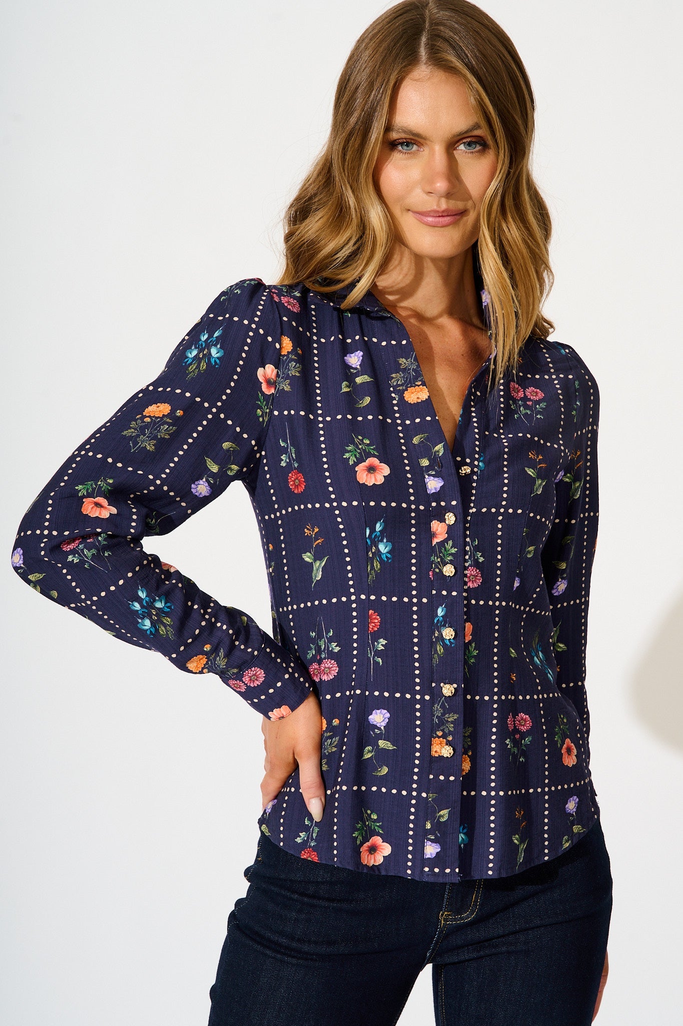 Petal Outline Shirt in Navy with Multi Floral