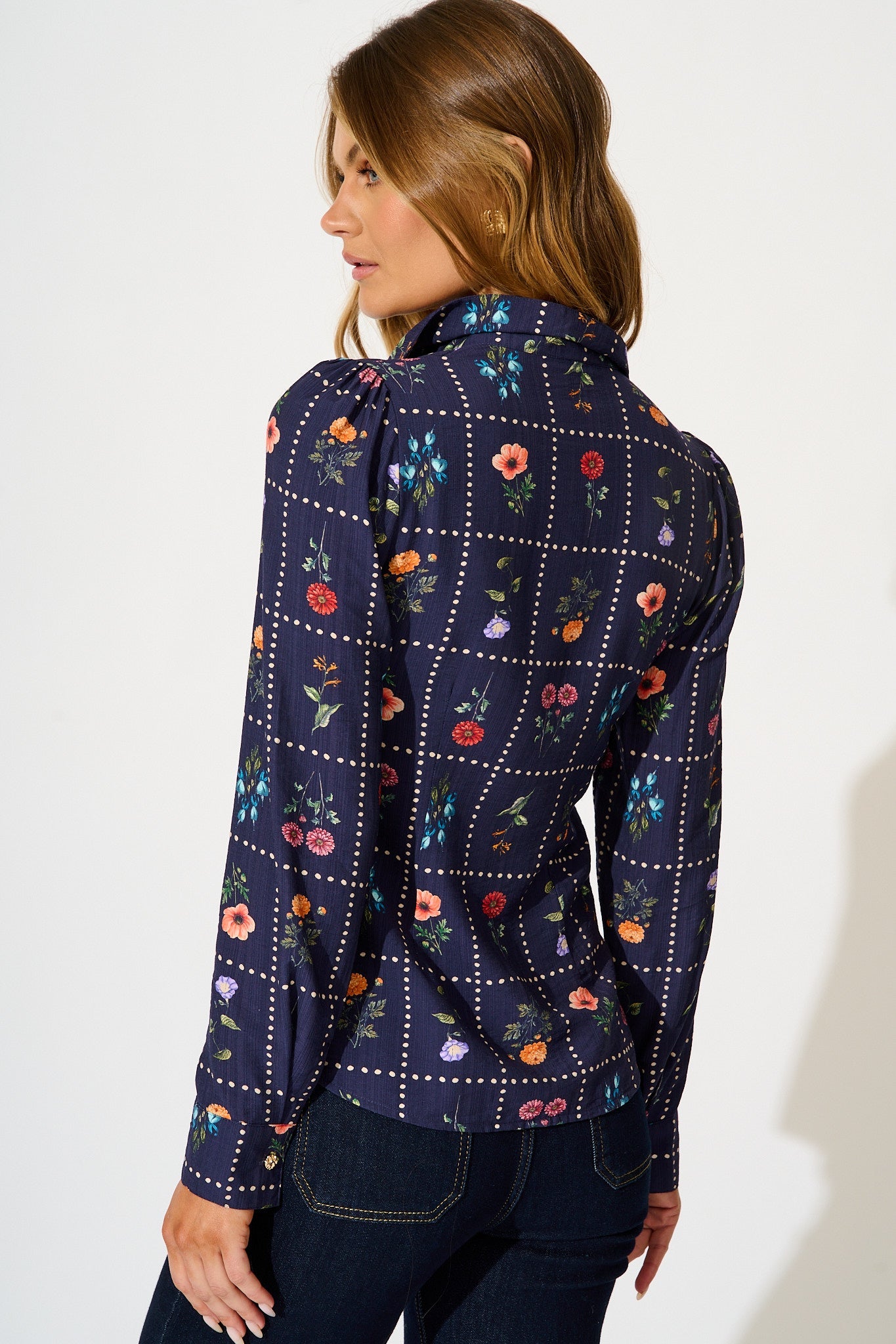 Petal Outline Shirt in Navy with Multi Floral