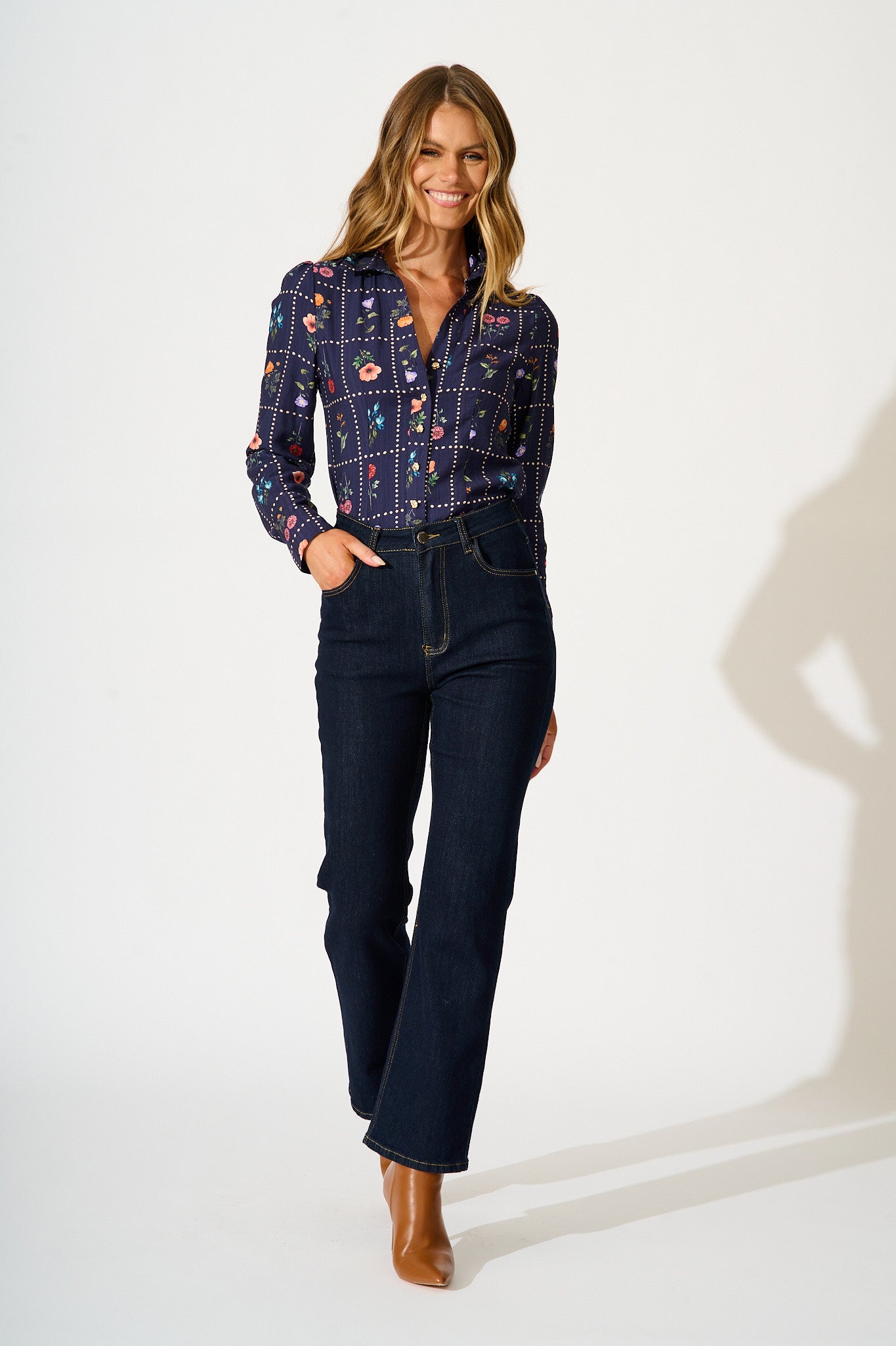 Petal Outline Shirt in Navy with Multi Floral