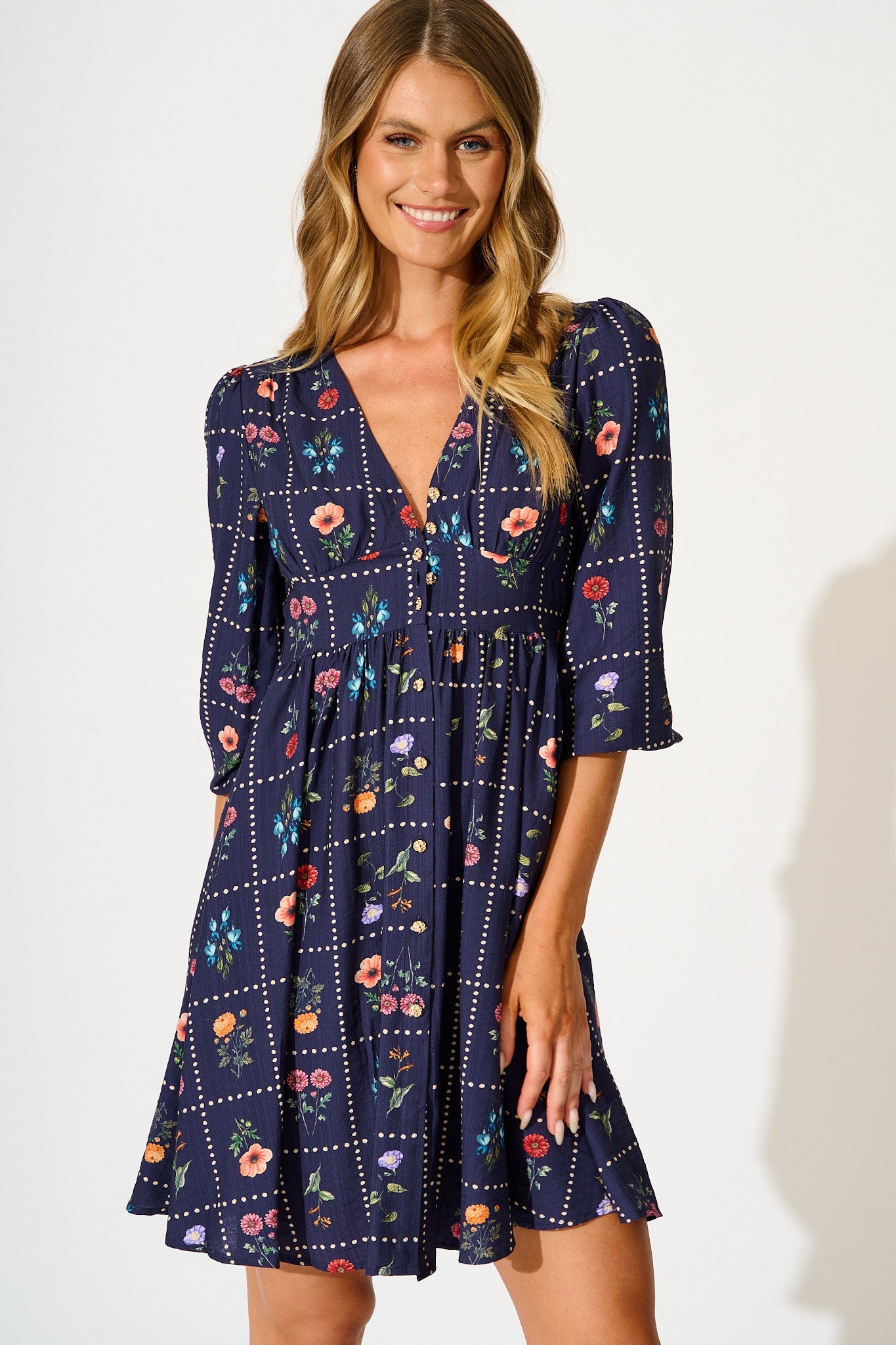 Border Bloom Dress in Navy with Multi Floral