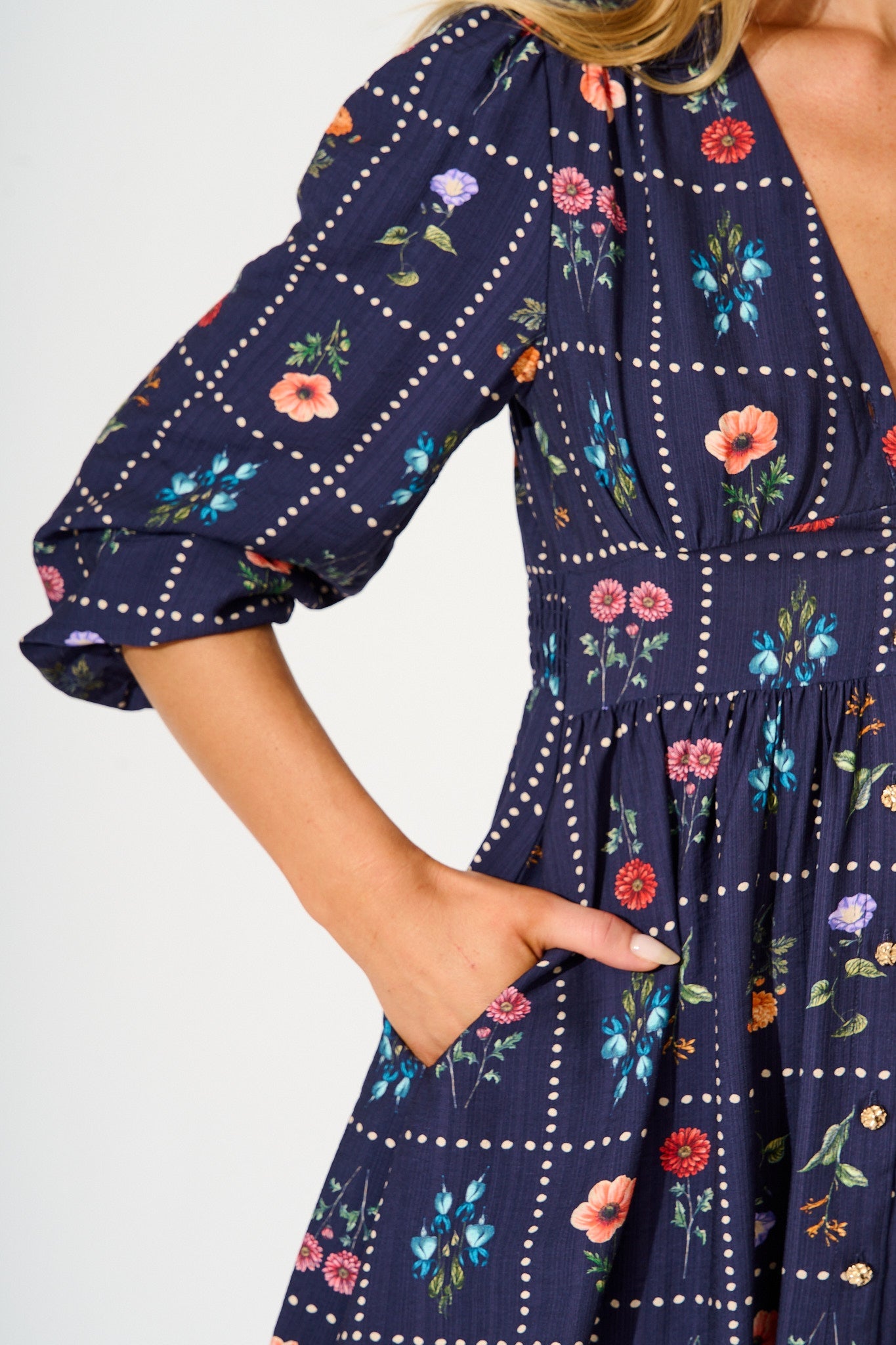 Border Bloom Dress in Navy with Multi Floral