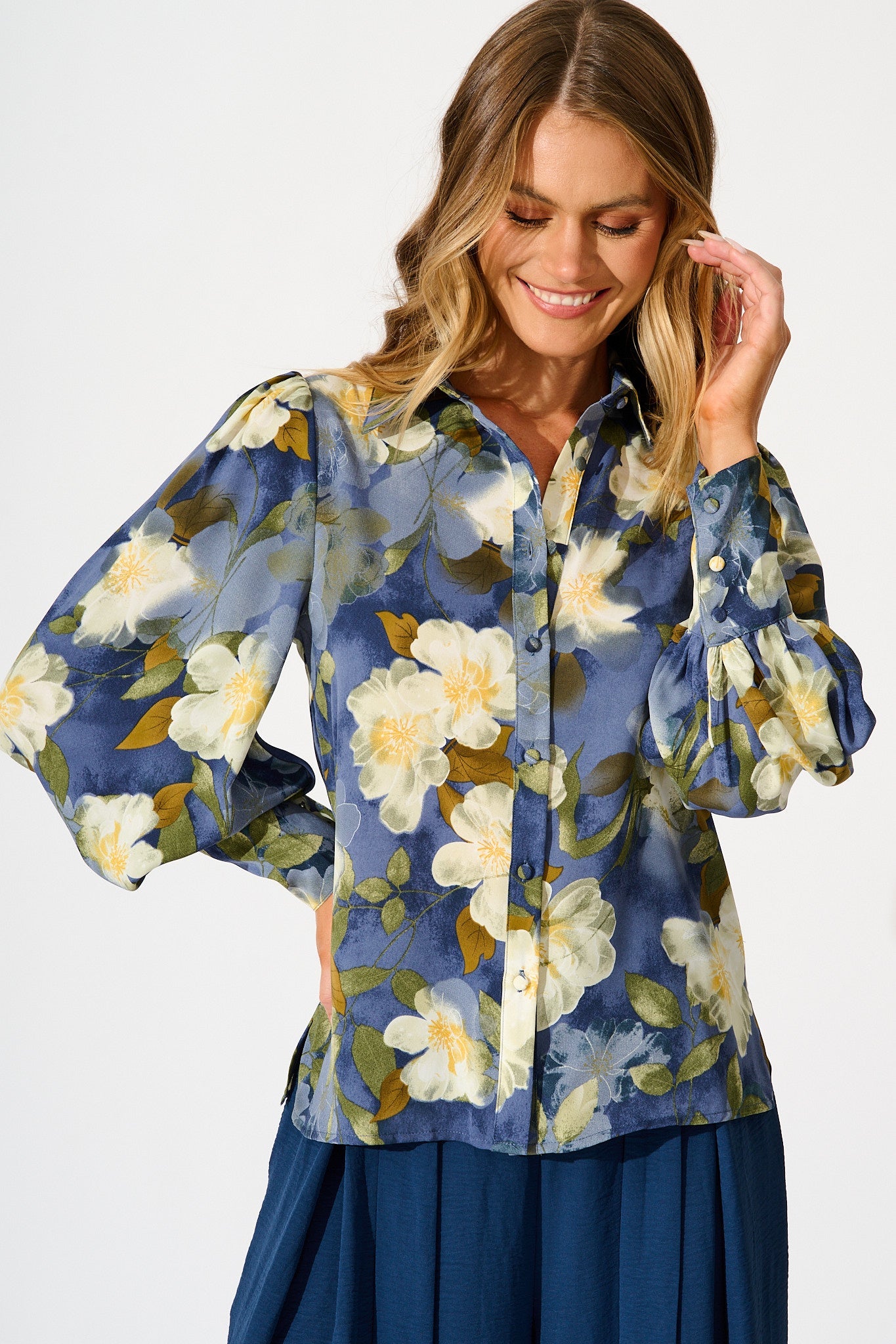 Nolita Shirt in Multi Blue Floral Print Satin